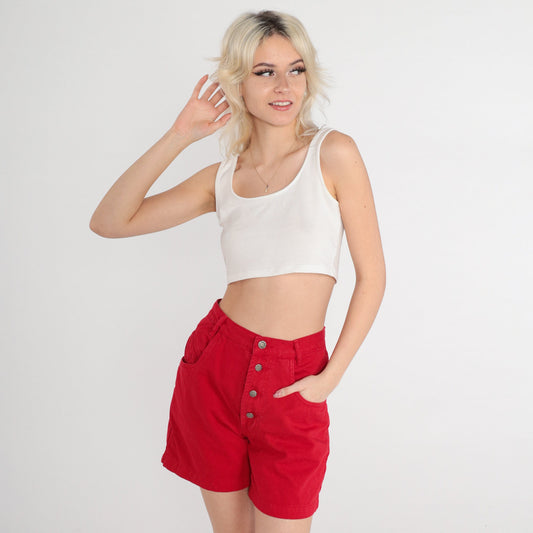 90s Red Denim Shorts High Rise Button Fly Jean Shorts Extra Small XS