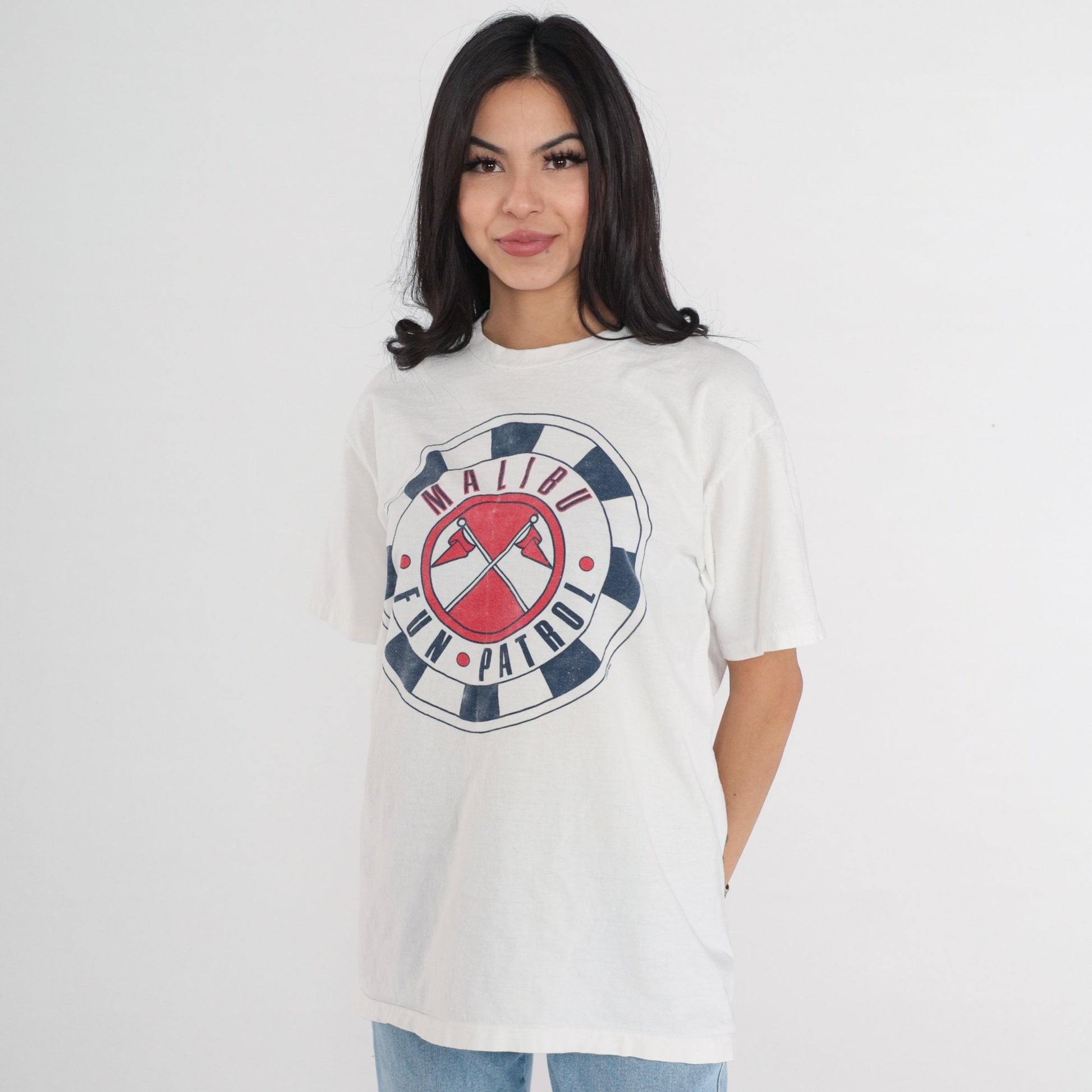 90s Malibu Fun Patrol Graphic T-Shirt White Single Stitch California Large