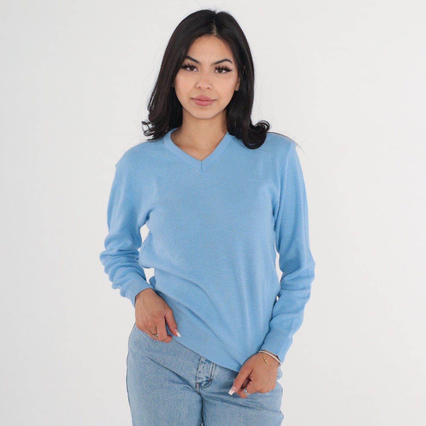 80s Cornflower Blue V-Neck Knit Pullover Sweater Small Medium