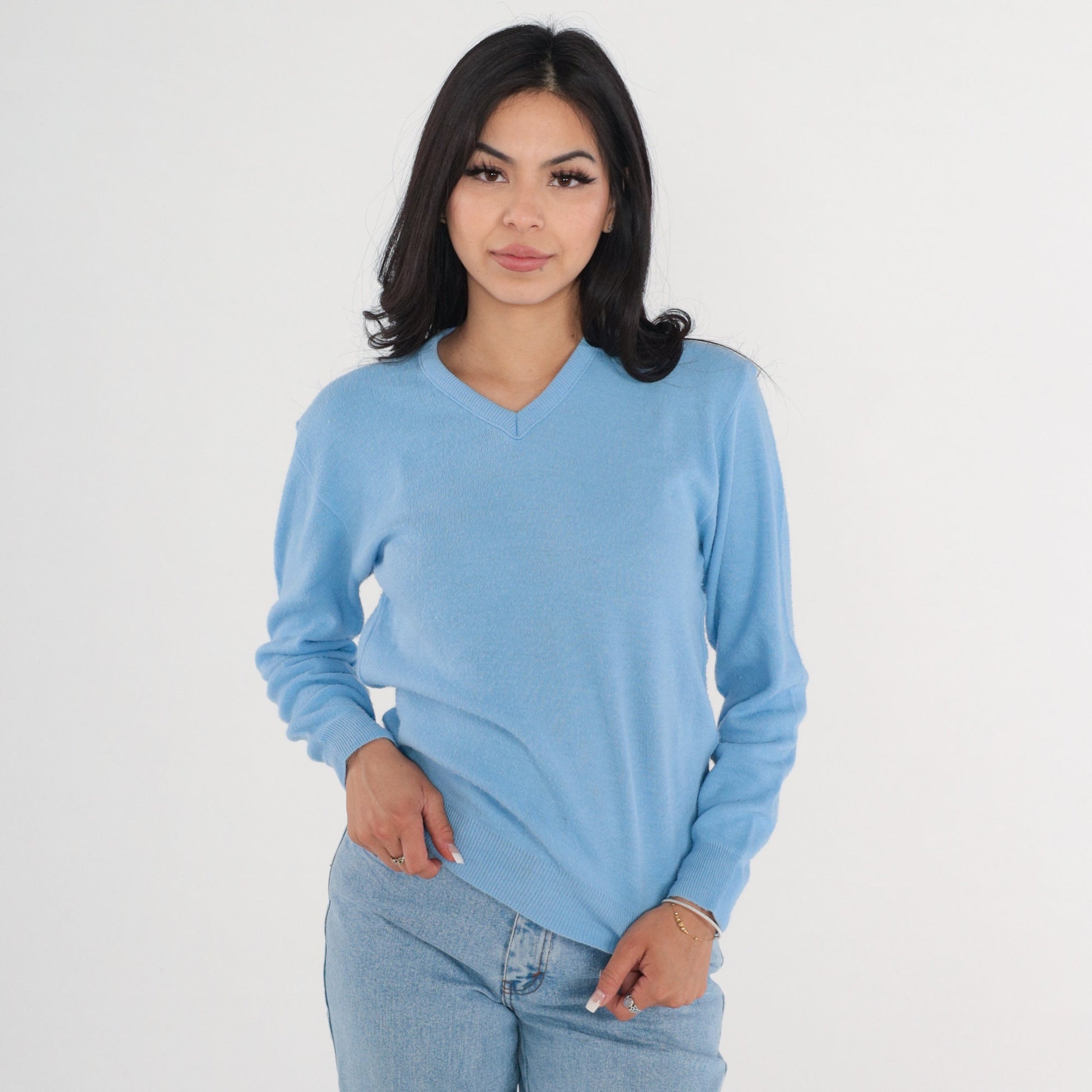 80s Cornflower Blue V-Neck Knit Pullover Sweater Small Medium