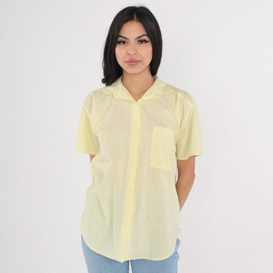 80s Yellow Striped Dot Print Button-Up Blouse Short Sleeve Medium