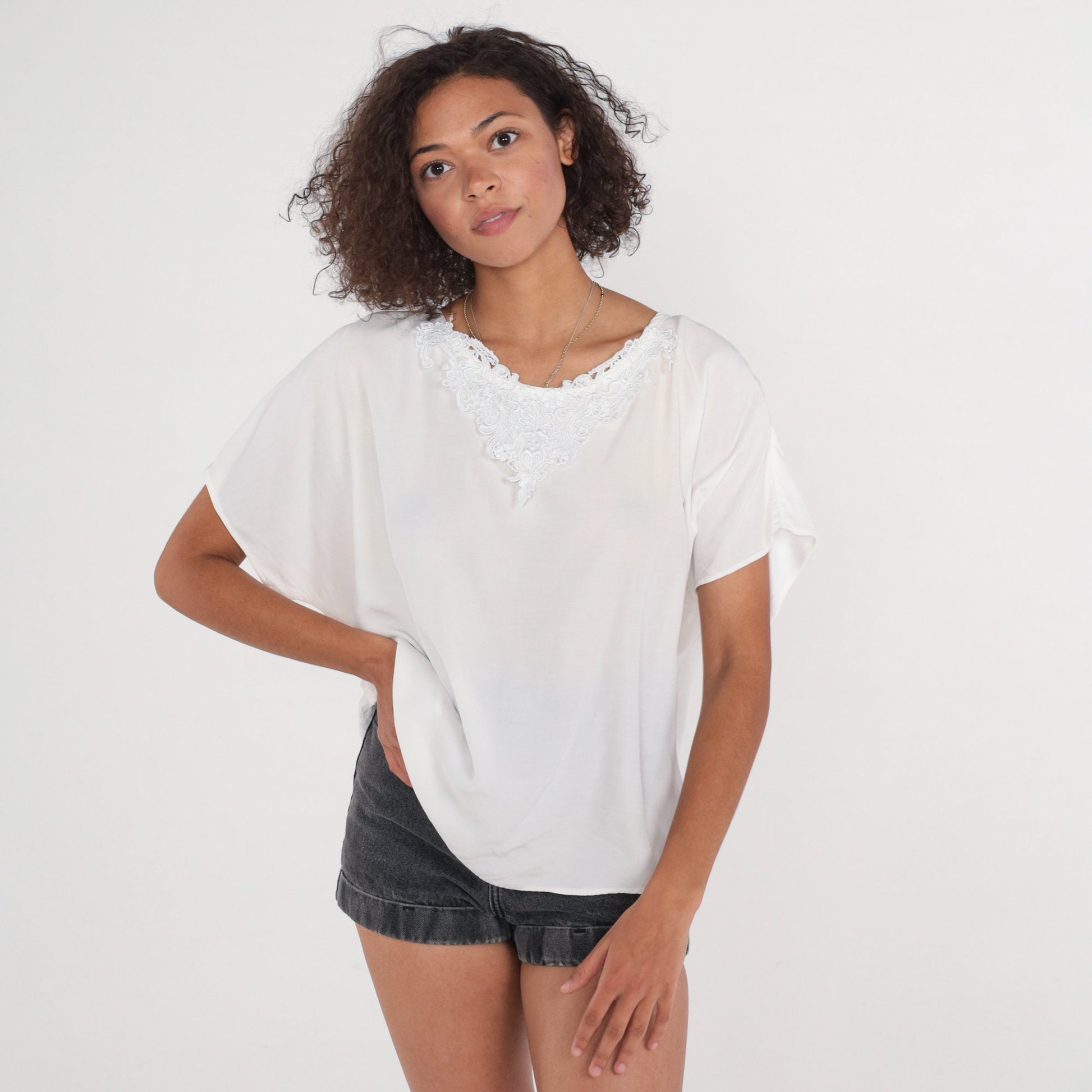 90s White Floral Lace Appliqué Blouse Short Sleeve Top Extra Large XXL