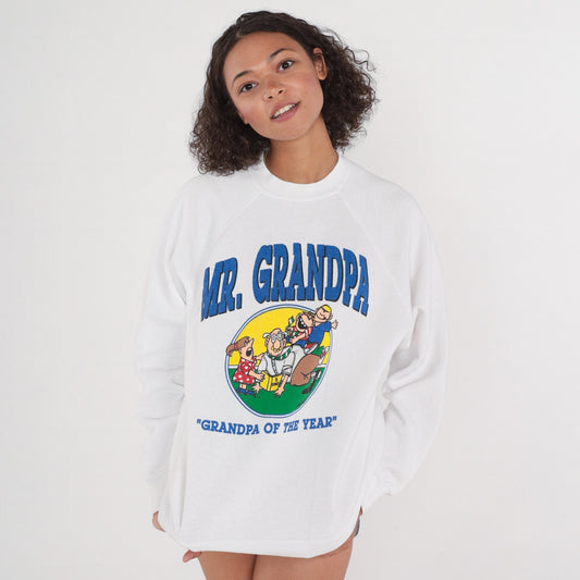 90s Mr. Grandpa of The Year Raglan Sweatshirt White Graphic Crewneck Large L