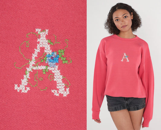 90s Pink Monogrammed A Sweatshirt Embroidered Crewneck Pullover Large L