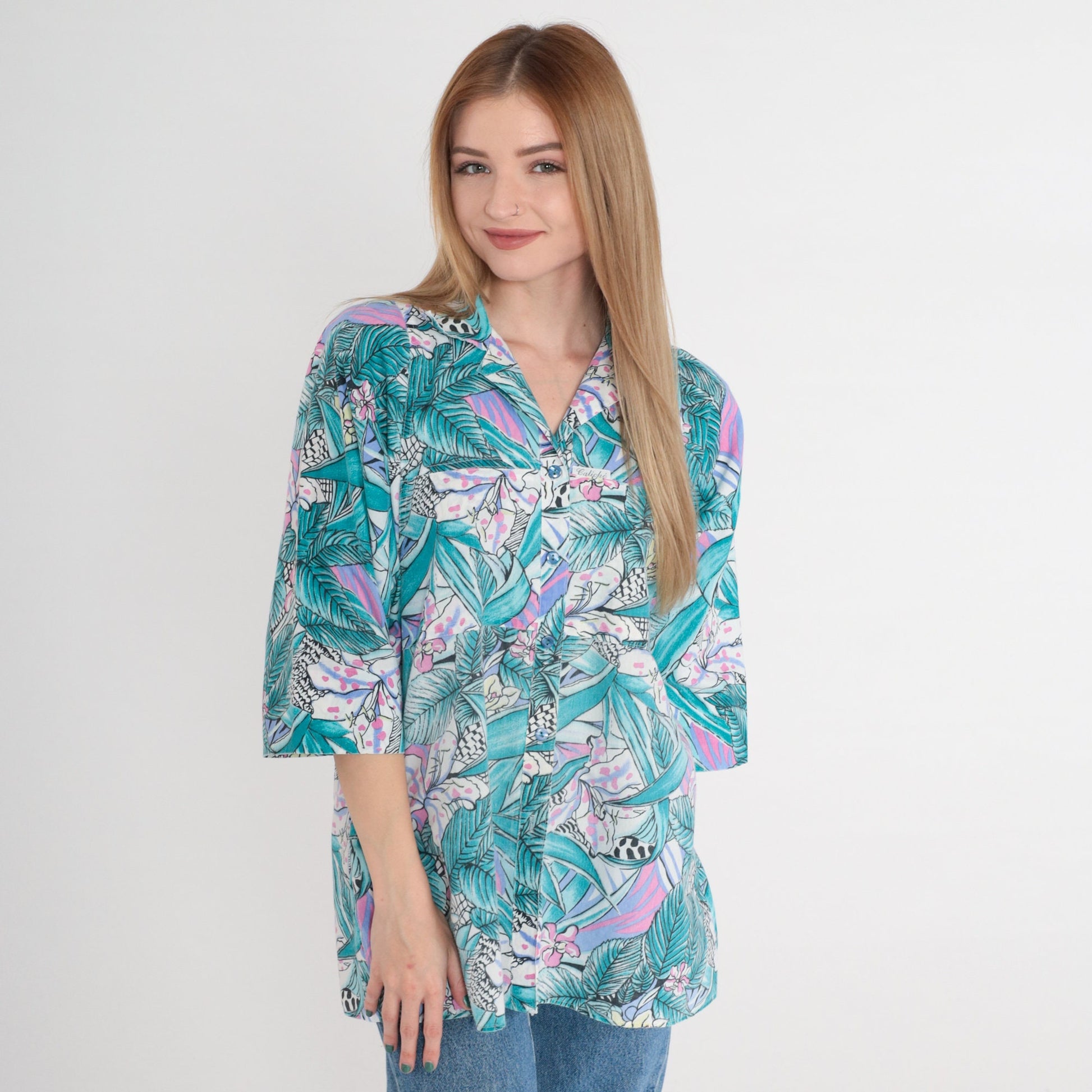90s Tropical Leopard Floral Button-Up Blouse Pink Purple Blue White Large L