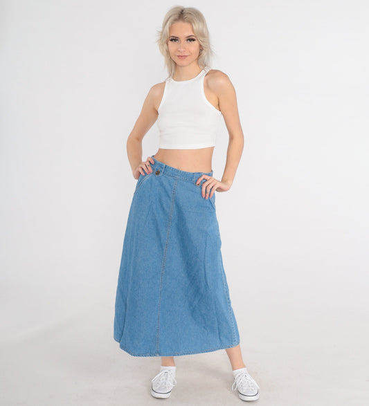 90s Chadwick's Denim Maxi Skirt High Waisted Blue A-Line Small