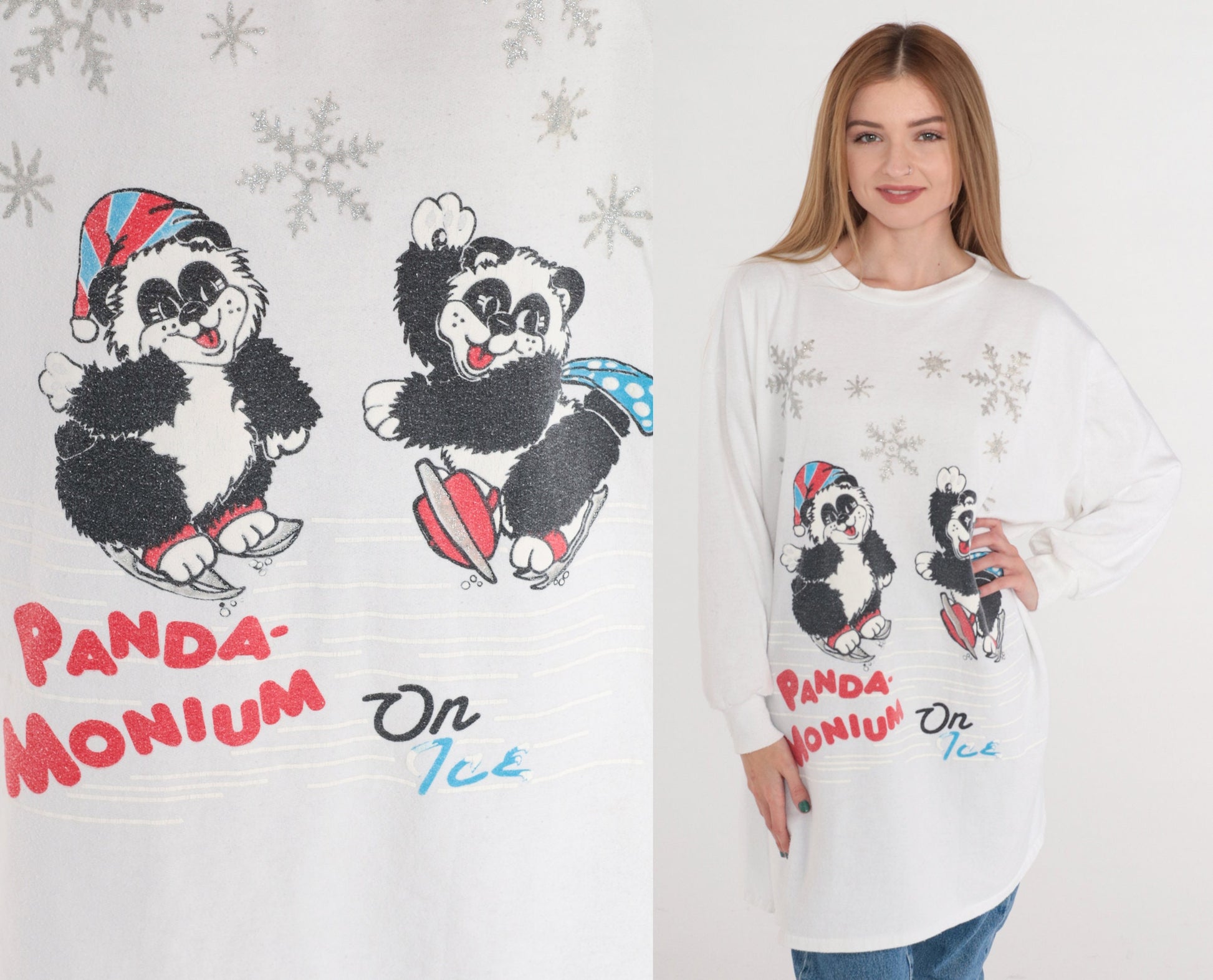 90s Panda-Monium on Ice Glitter Graphic T-Shirt Dress Long Sleeve Plus Size XXL