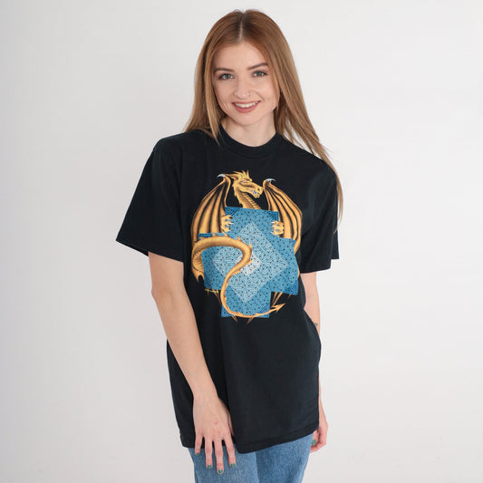 90s Dragon Sacred Geometry Graphic T-Shirt Black Medium M