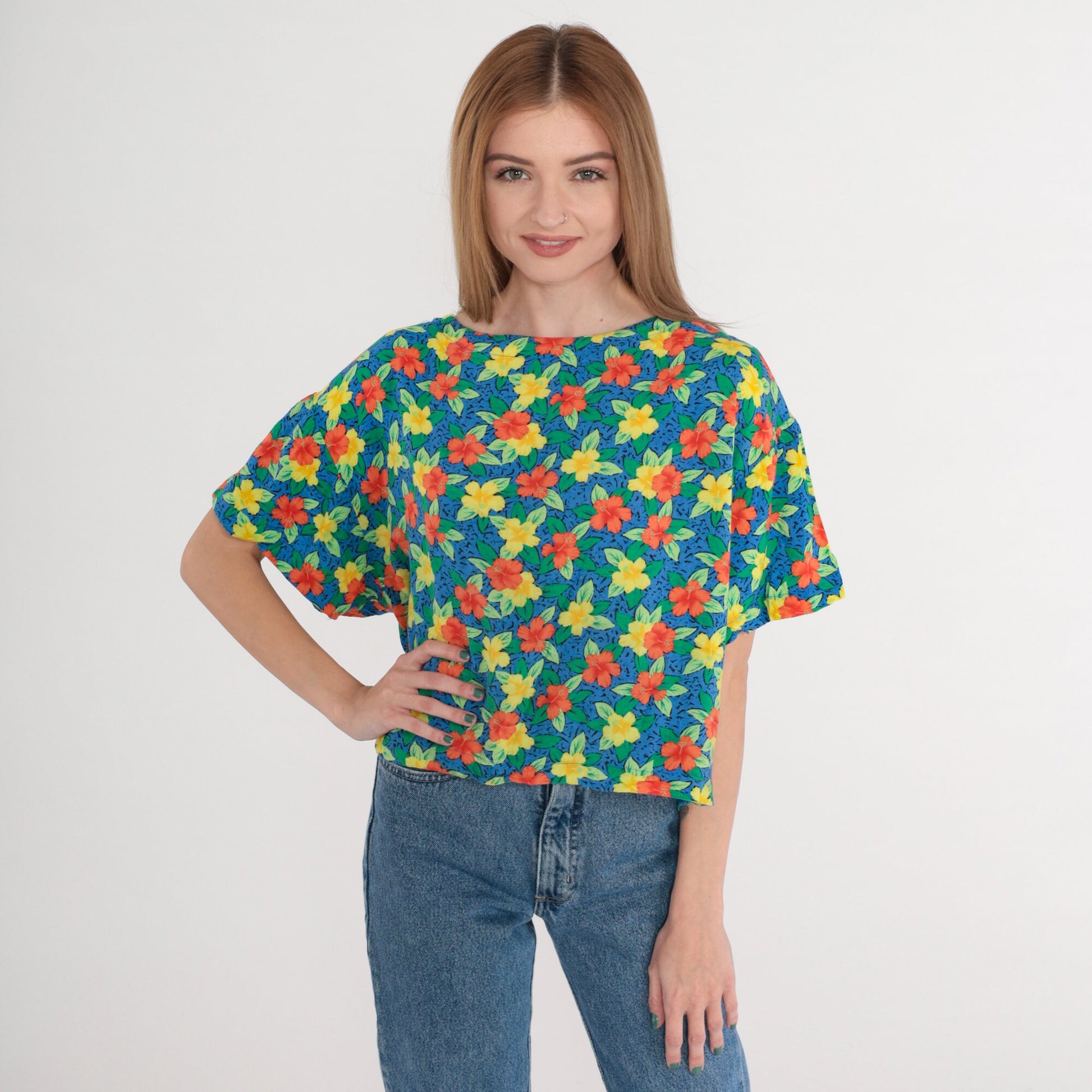 90s Tropical Hibiscus Floral Rayon Shirt Blue Short Sleeve Small