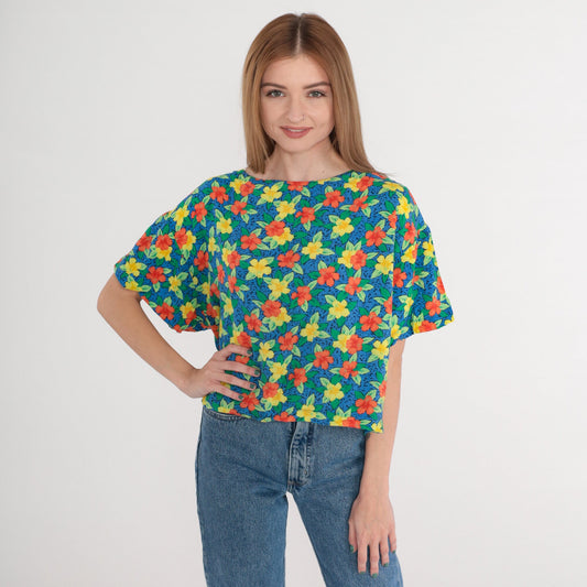 90s Tropical Hibiscus Floral Rayon Shirt Blue Short Sleeve Small