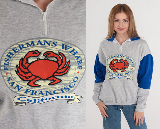 80s San Francisco Fisherman's Wharf Crab Graphic Sweatshirt Quarter Zip Grey Medium