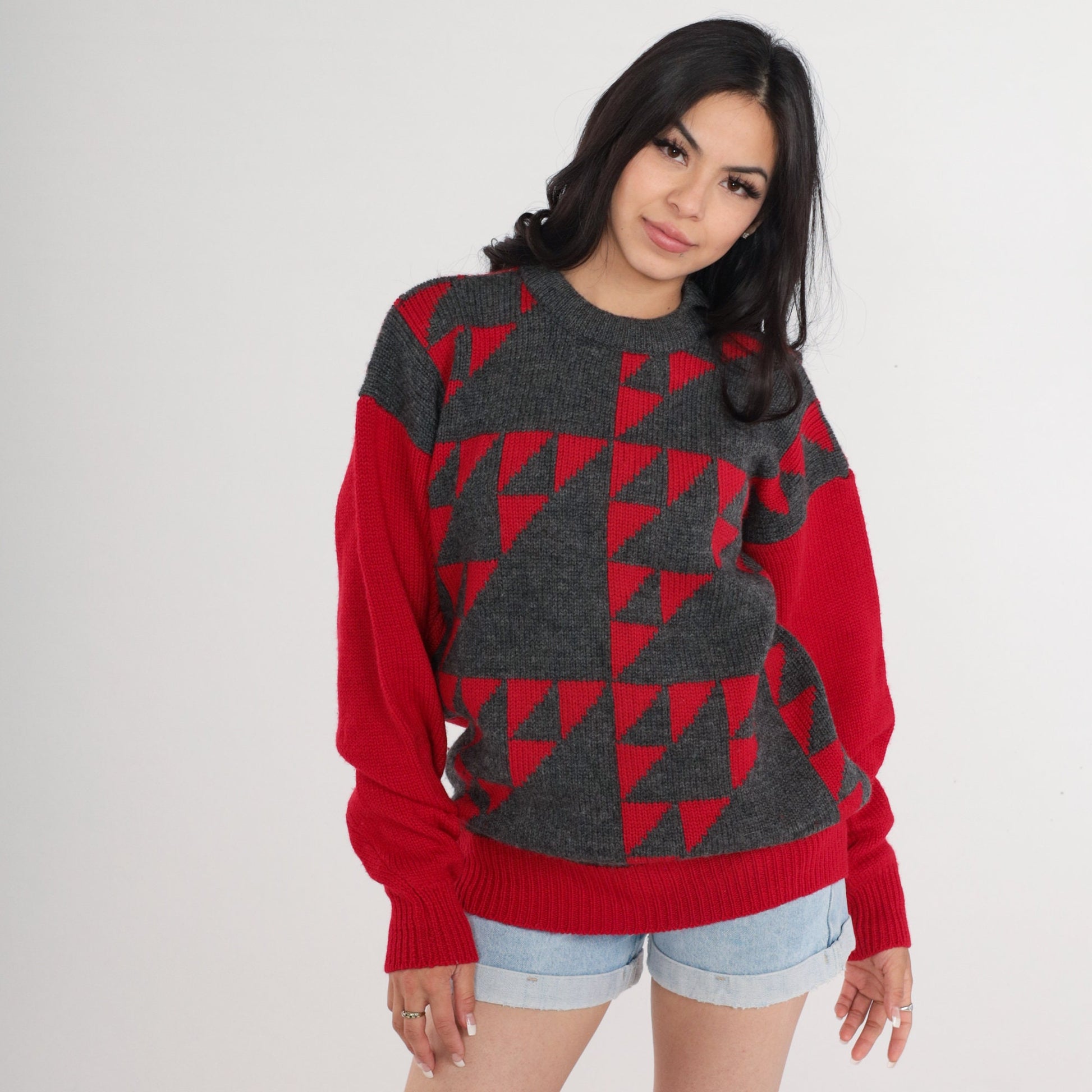 80s Pringle of Scotland Wool Geometric Sweater Red Grey Crewneck Medium