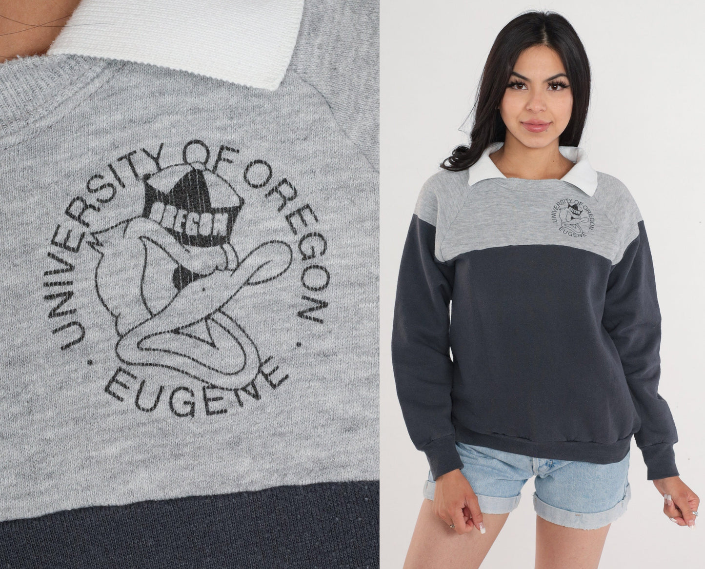 80s University of Oregon Ducks Raglan Sweatshirt Grey Collared Small