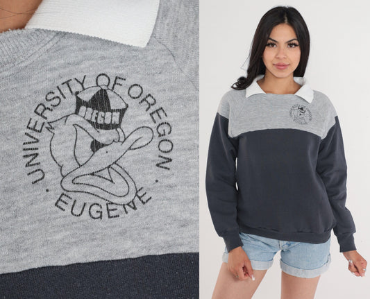 80s University of Oregon Ducks Raglan Sweatshirt Grey Collared Small