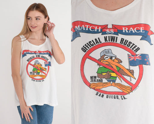 1988 America's Cup Match Race Tank Top Kiwi Buster Graphic White Large