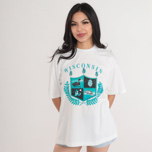 90s Wisconsin State Crest Graphic T-Shirt Single Stitch White Extra Large XL