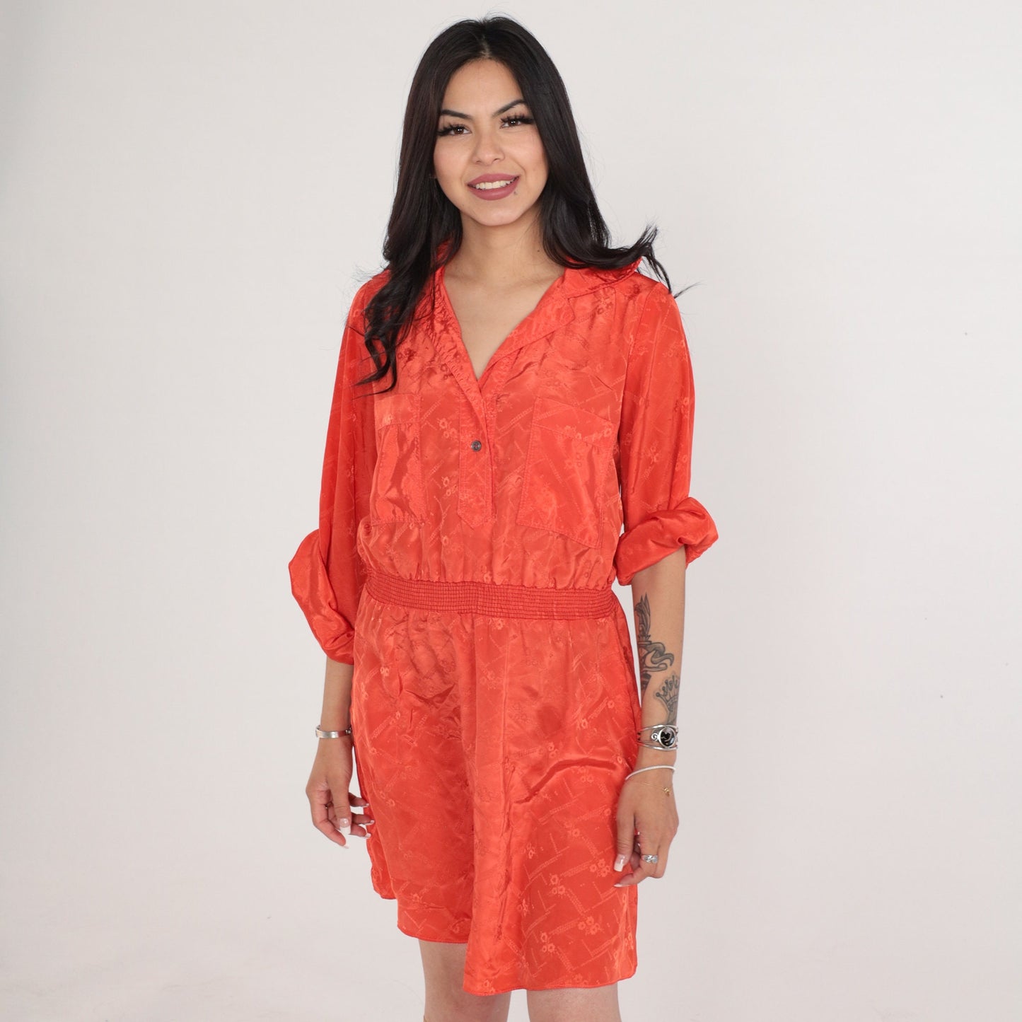 70s Irene Kasmer Orange Floral Blouson Mini Dress Smocked Waist Medium M
