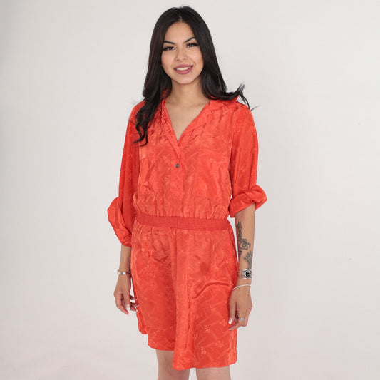 70s Irene Kasmer Orange Floral Blouson Mini Dress Smocked Waist Medium M