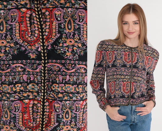 90s Maggie London Silk Blouse Black Paisley Floral Puff Sleeve Medium
