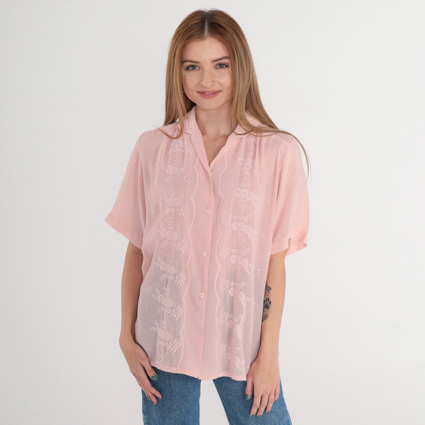 80s Pink Floral Embroidered Blouse Puff Sleeve Button-Up Collared Large
