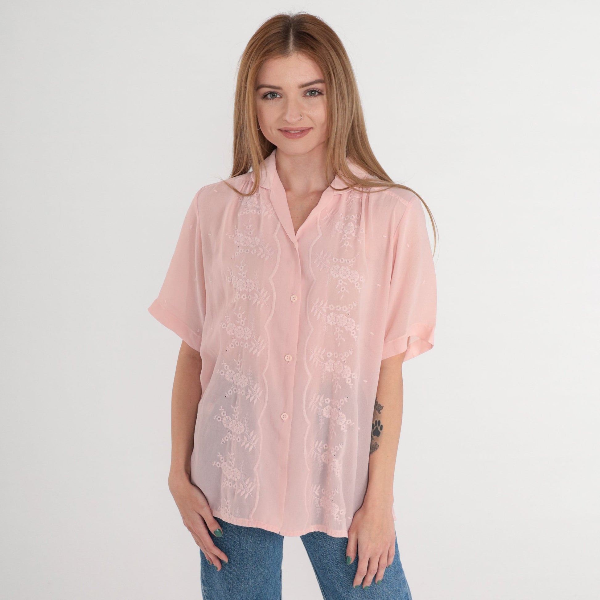 80s Pink Floral Embroidered Blouse Puff Sleeve Button-Up Collared Large