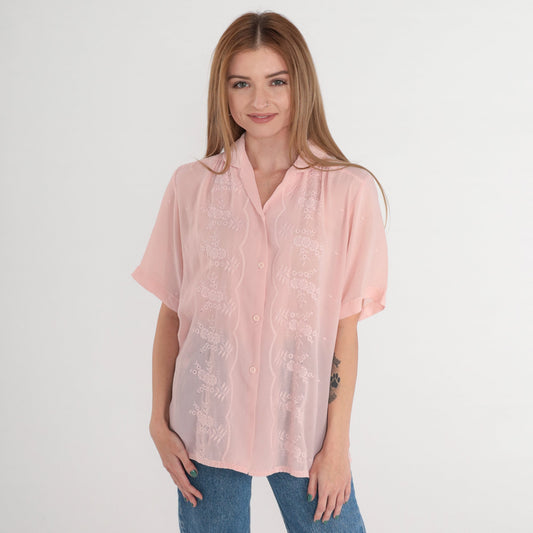 80s Pink Floral Embroidered Blouse Puff Sleeve Button-Up Collared Large