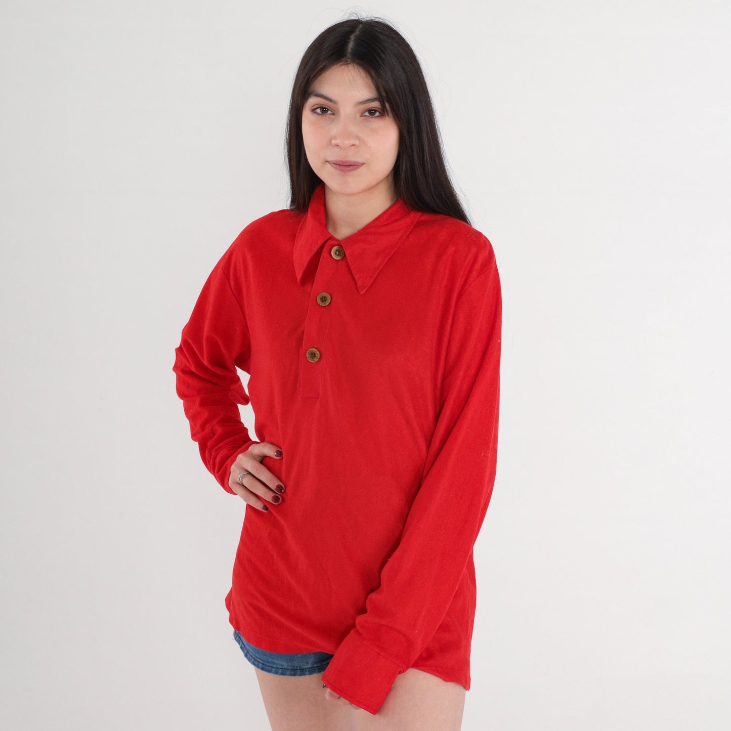 70s Red Velour Polo Shirt Long Sleeve Dagger Collar Quarter Button Large