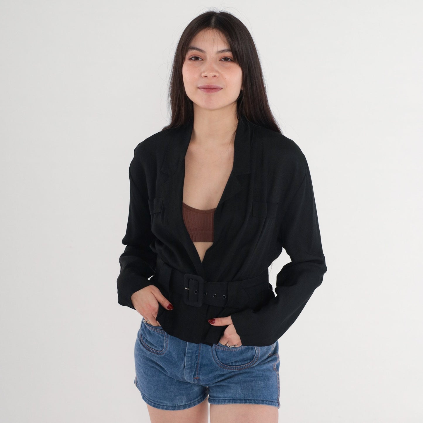 90s Joule Black Blazer Deep V Neck Belted Structured Jacket Small