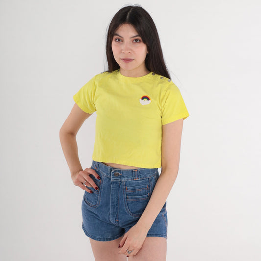 70s Yellow Crop Top Rainbow Patch Pearl Snap Shoulders XXS