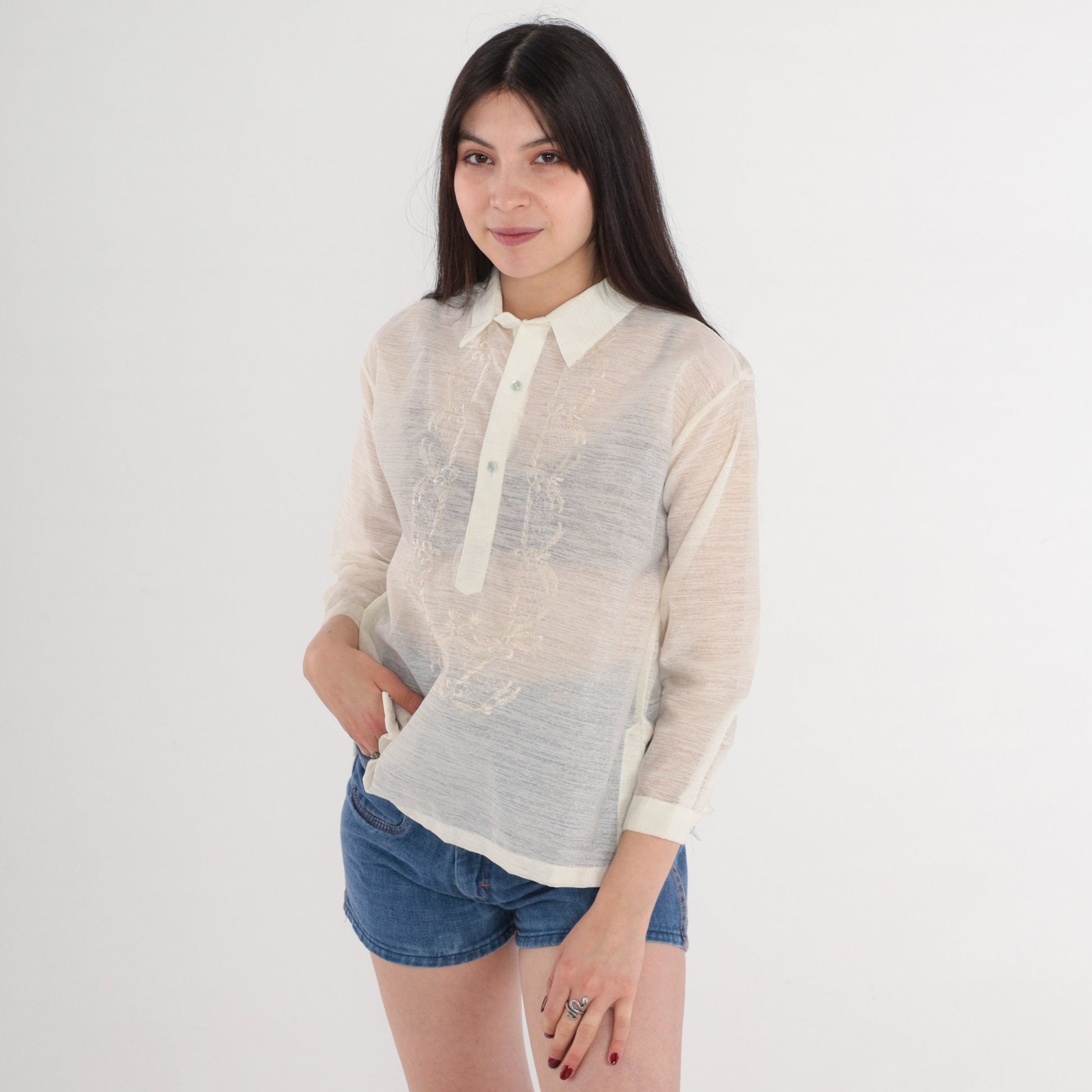 70s Floral Embroidered Cream Blouse Collared Half-Button 3/4 Sleeve Small