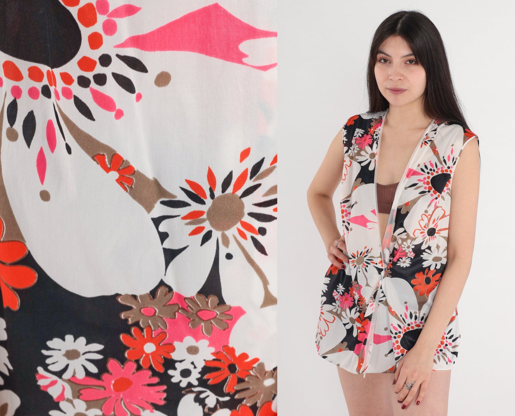 70s Floral Wrap Tank Top Sleeveless Blouse Multicolor Medium
