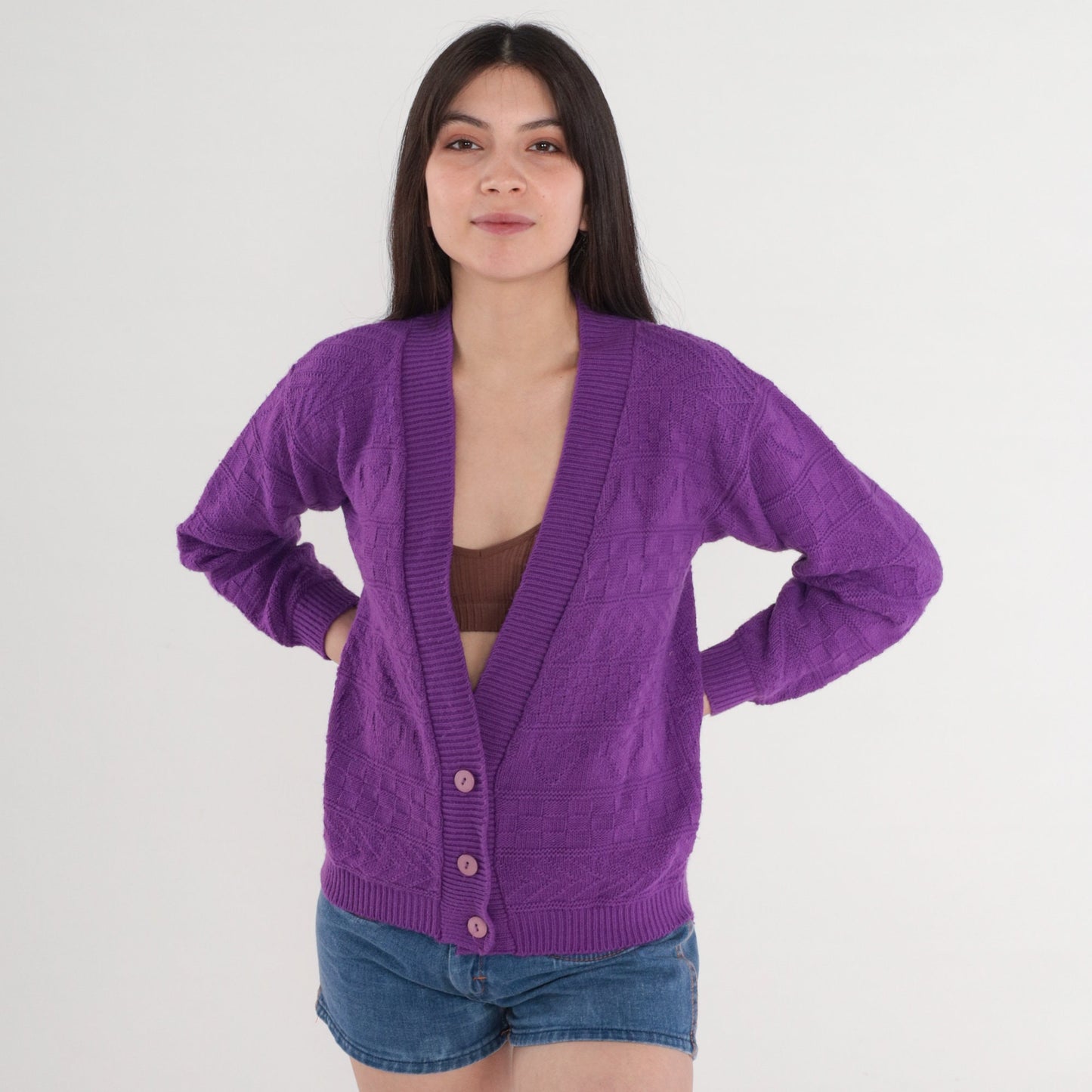 80s Purple Cardigan Textured Knit Button-Up Sweater Heart Chevron Small