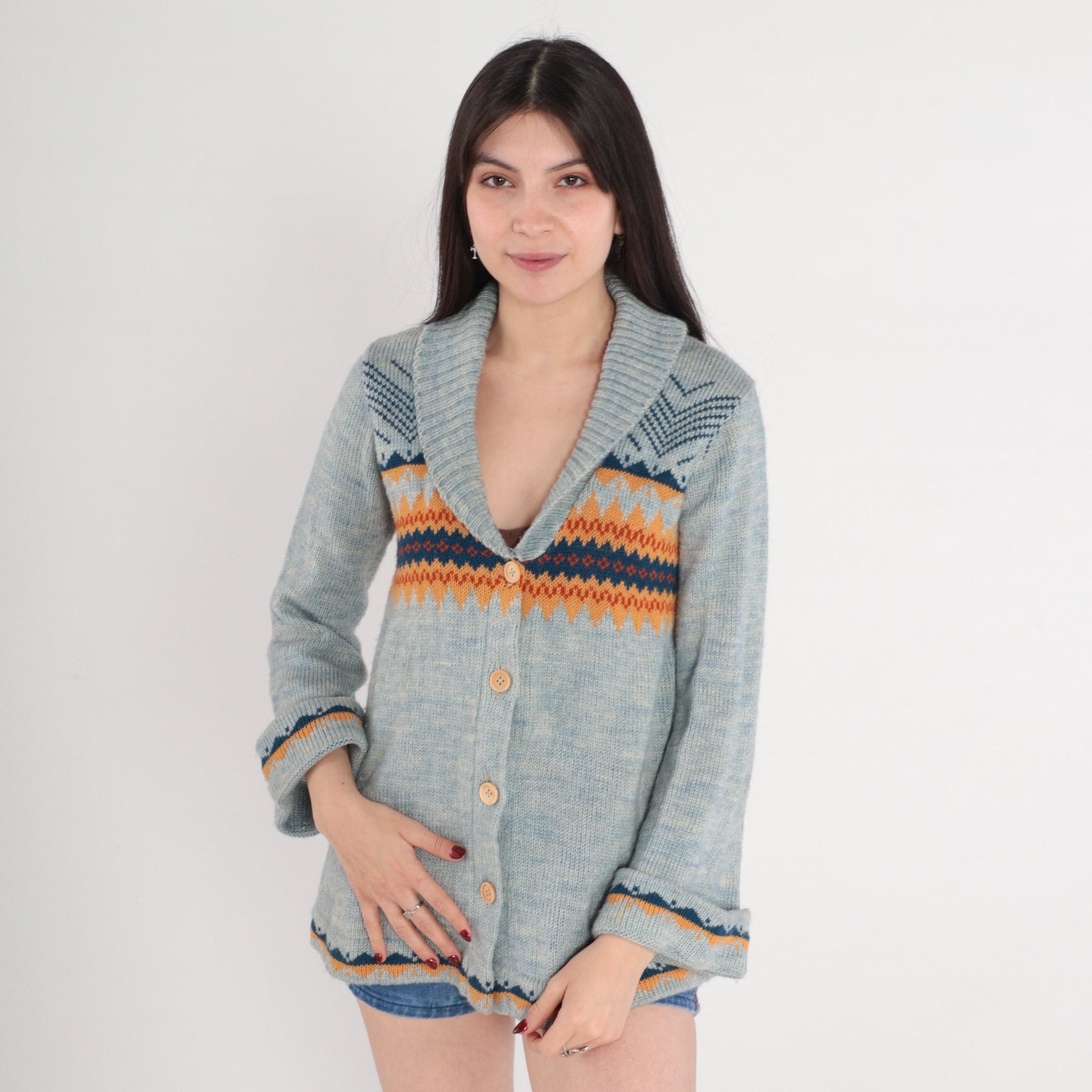 70s Fair Isle Cardigan Blue Geometric Nordic Knit Shawl Collar Medium M
