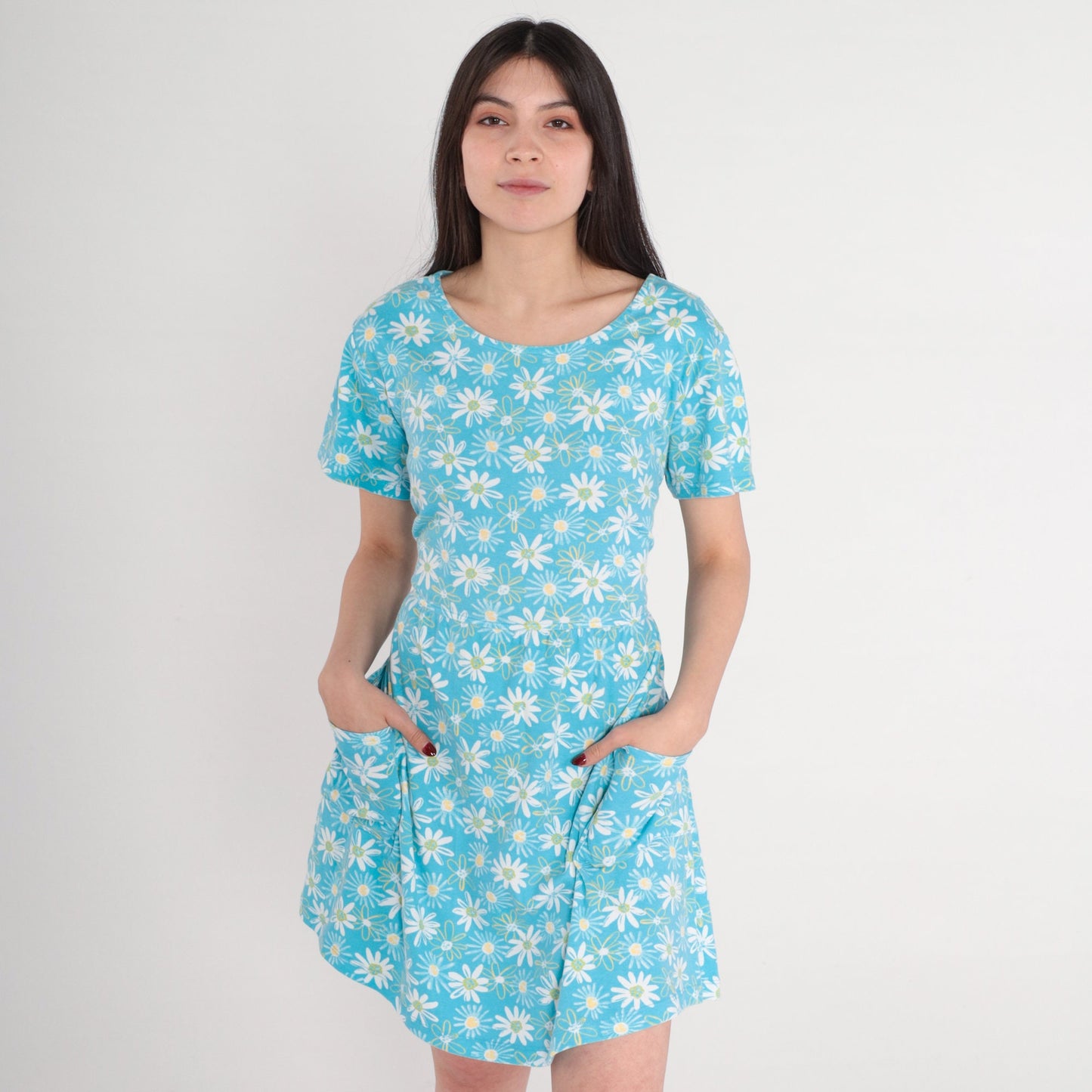 90s Bobbie Brooks Daisy Floral Mini Dress Blue High Waisted Pockets Large