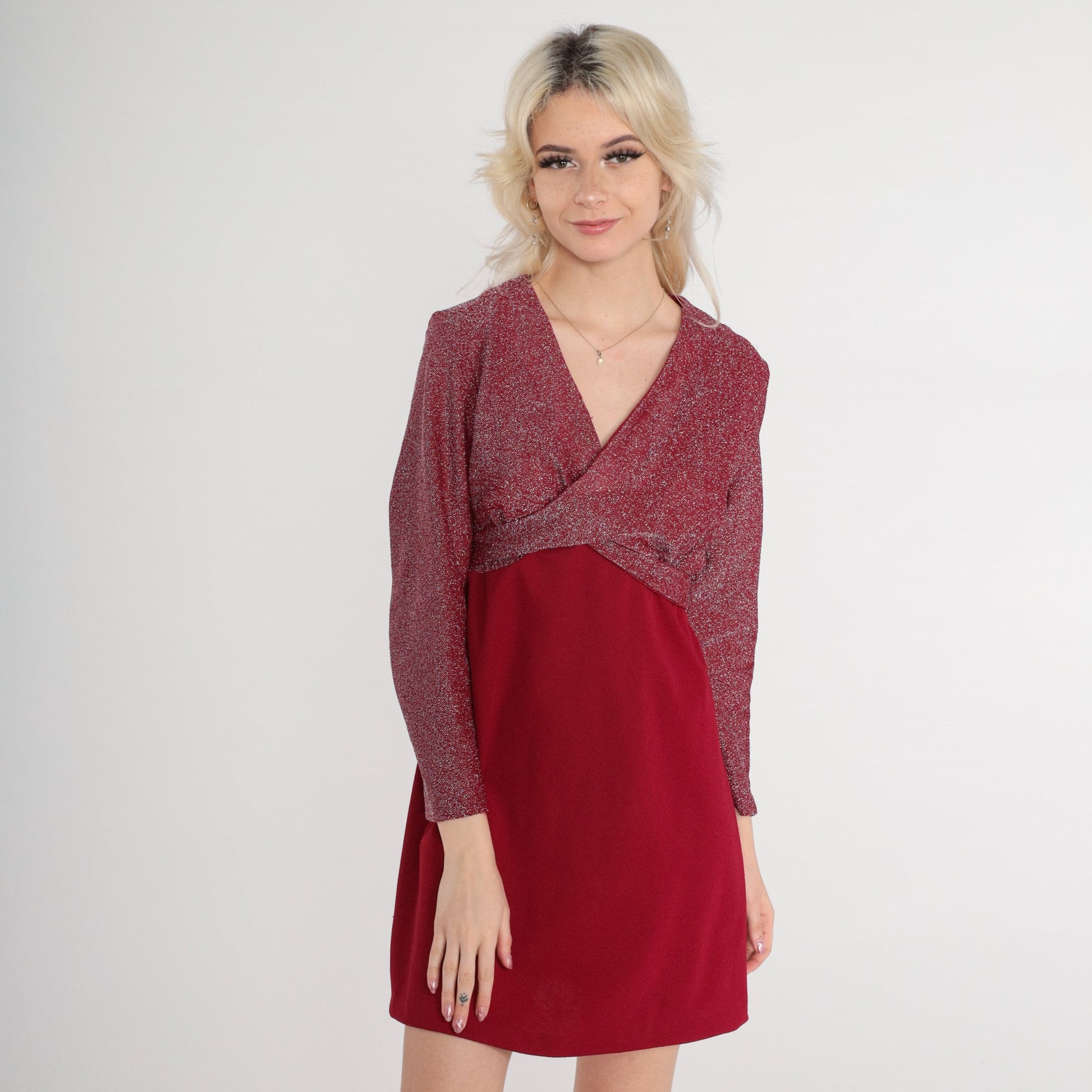 70s Metallic Red Mini Dress Empire Waist Wrap Long Sleeve Medium