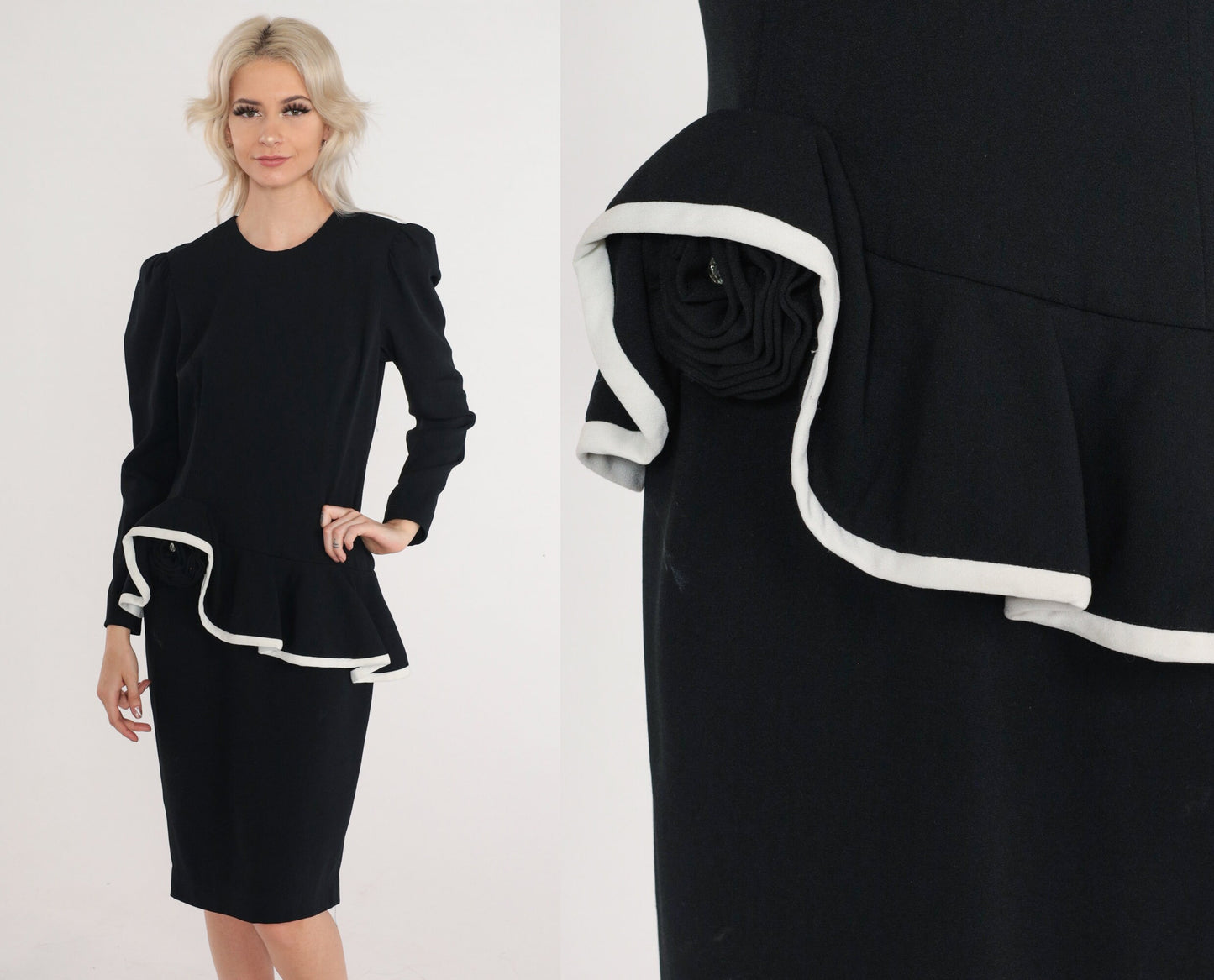 80s Black Peplum Dress White Asymmetrical Ruffle Long Puff Sleeve Knee-Length Small