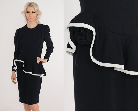 80s Black Peplum Dress White Asymmetrical Ruffle Long Puff Sleeve Knee-Length Small