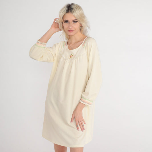 70s Cream Floral Embroidered Shift Dress Long Raglan Sleeves Mini Medium Large