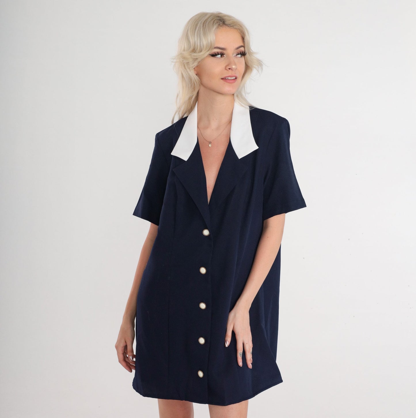 80s Navy Blue Mini Shirtdress Collared Button-Up White Trim Large L