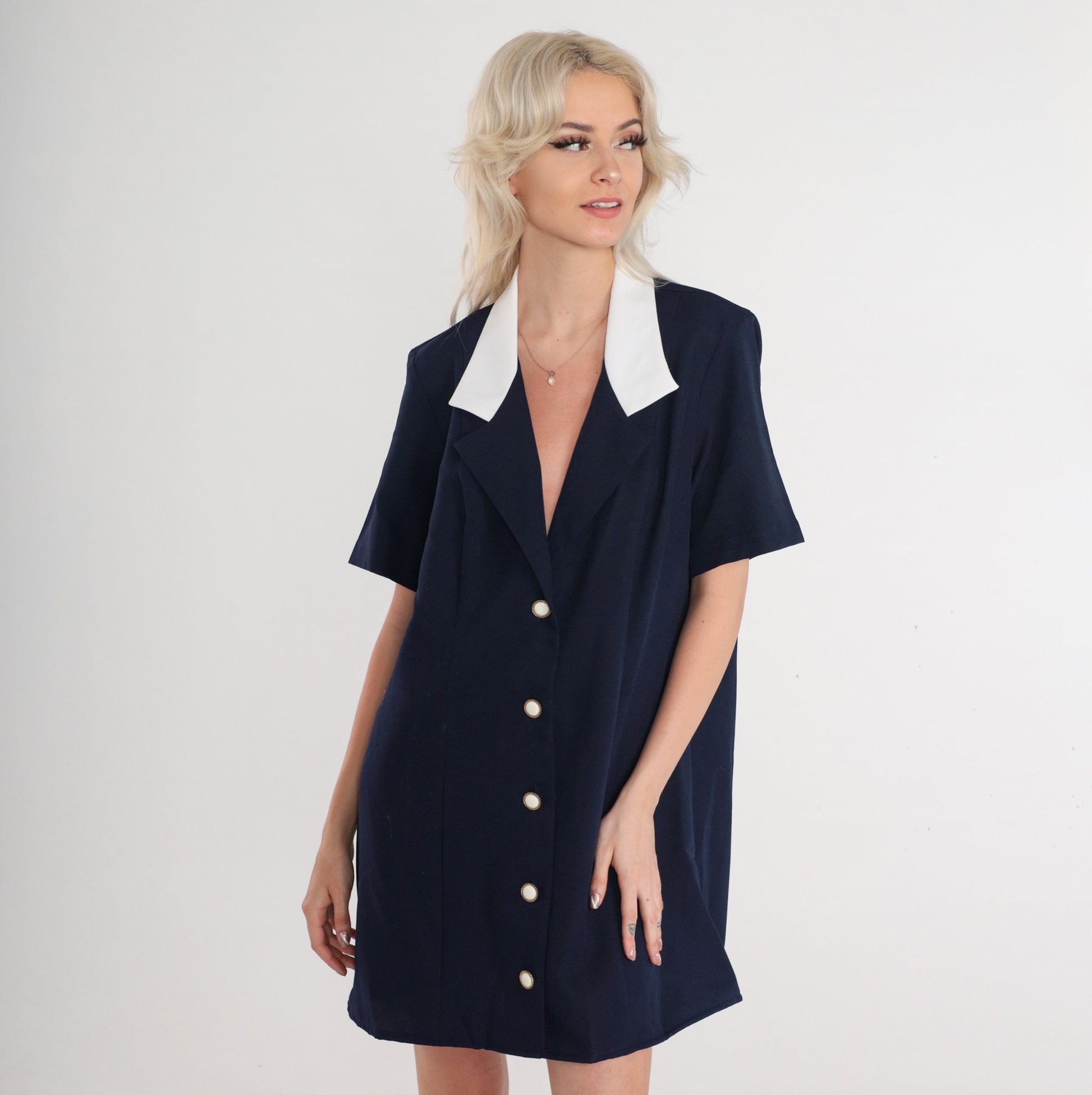 80s Navy Blue Mini Shirtdress Collared Button-Up White Trim Large L
