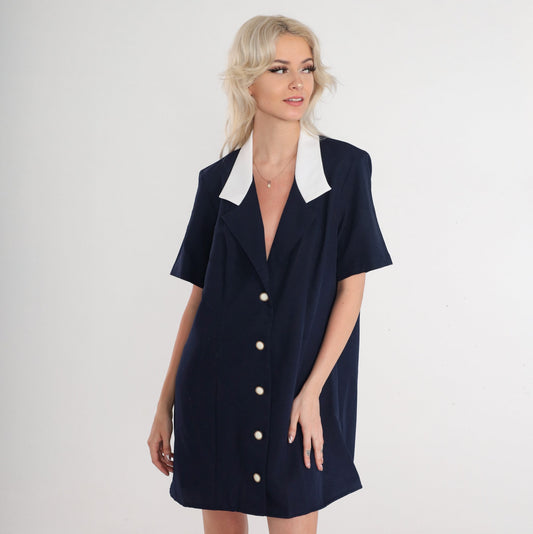 80s Navy Blue Mini Shirtdress Collared Button-Up White Trim Large L