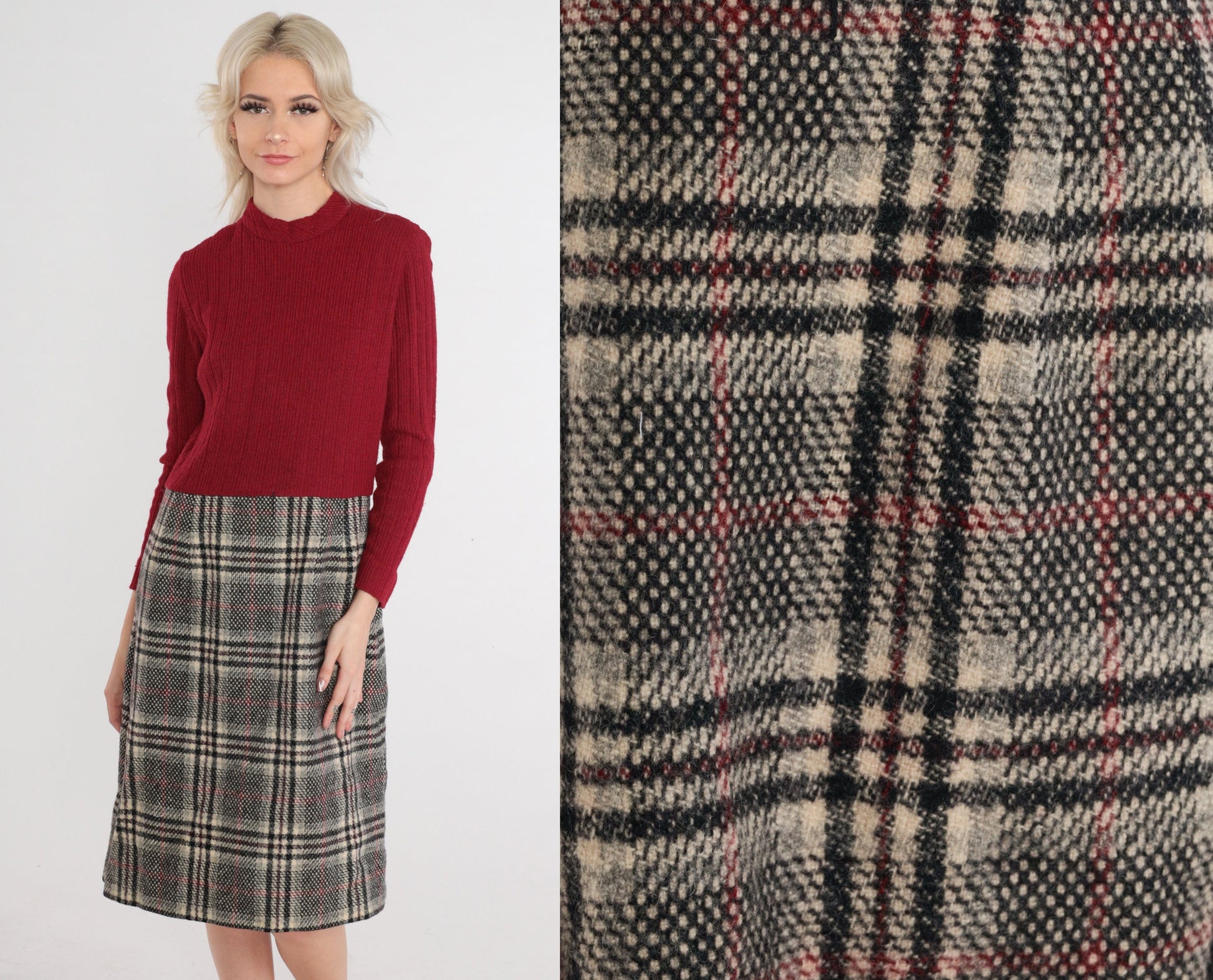 60s Dark Red Plaid Wool Blend Midi Dress Mock Neck Long Sleeve Medium