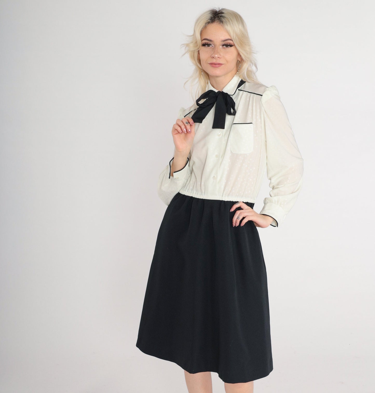 80s Black Off-White Polka Dot Puff Sleeve Mini Shirtdress Ascot Tie Small