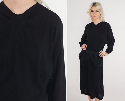 1940s Black Peplum Midi Dress Long Sleeve Metal Zipper Small