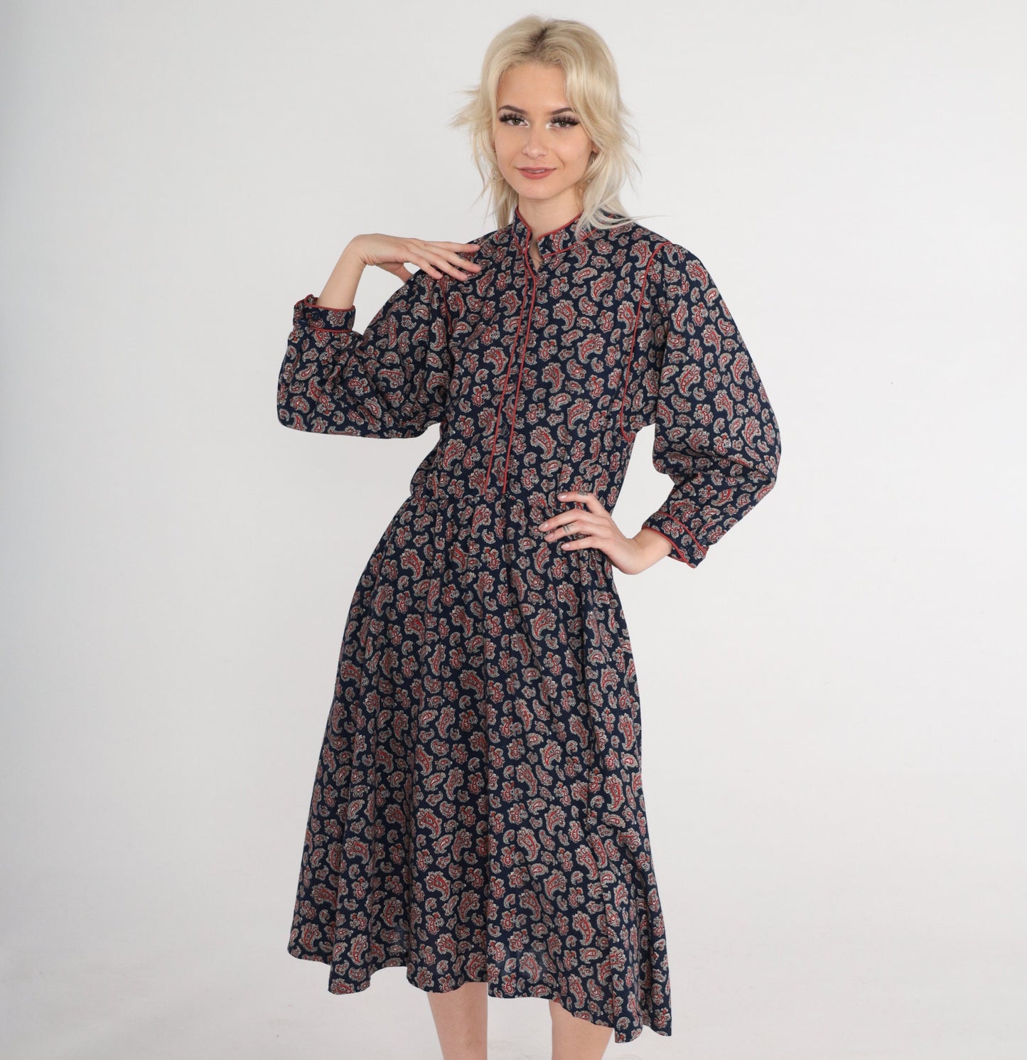 70s Navy Paisley Midi Dress Button-Up Long Sleeve High Waist Small
