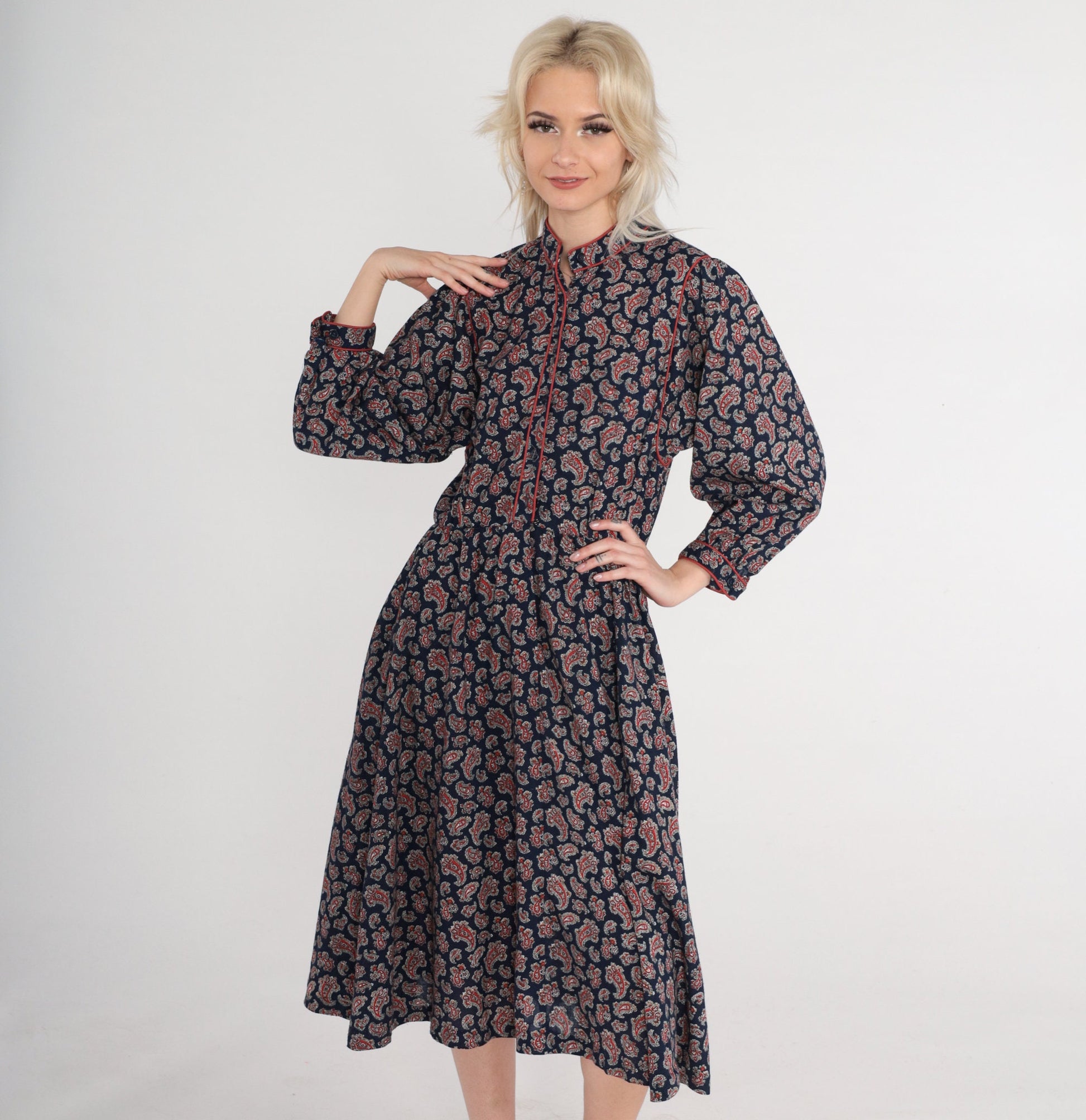70s Navy Paisley Midi Dress Button-Up Long Sleeve High Waist Small