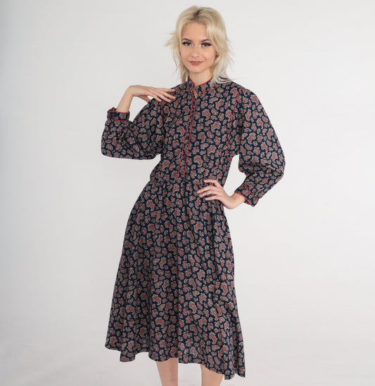 70s Navy Paisley Midi Dress Button-Up Long Sleeve High Waist Small