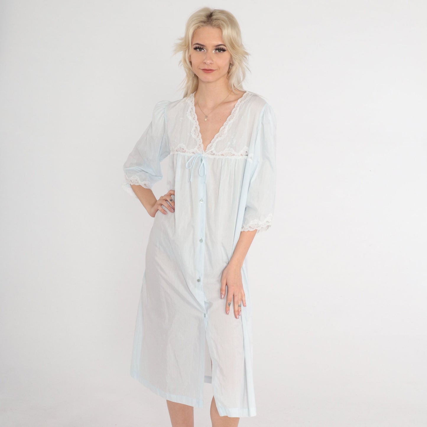 90s Pastel Blue Lace Nightgown Semi-Sheer Button-Front Midi Nightie Large L