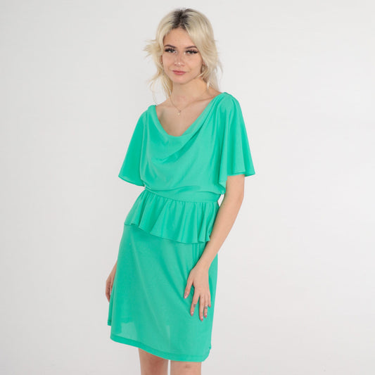 70s Green Flutter Sleeve Dress Cowl Neck Peplum Mini Small