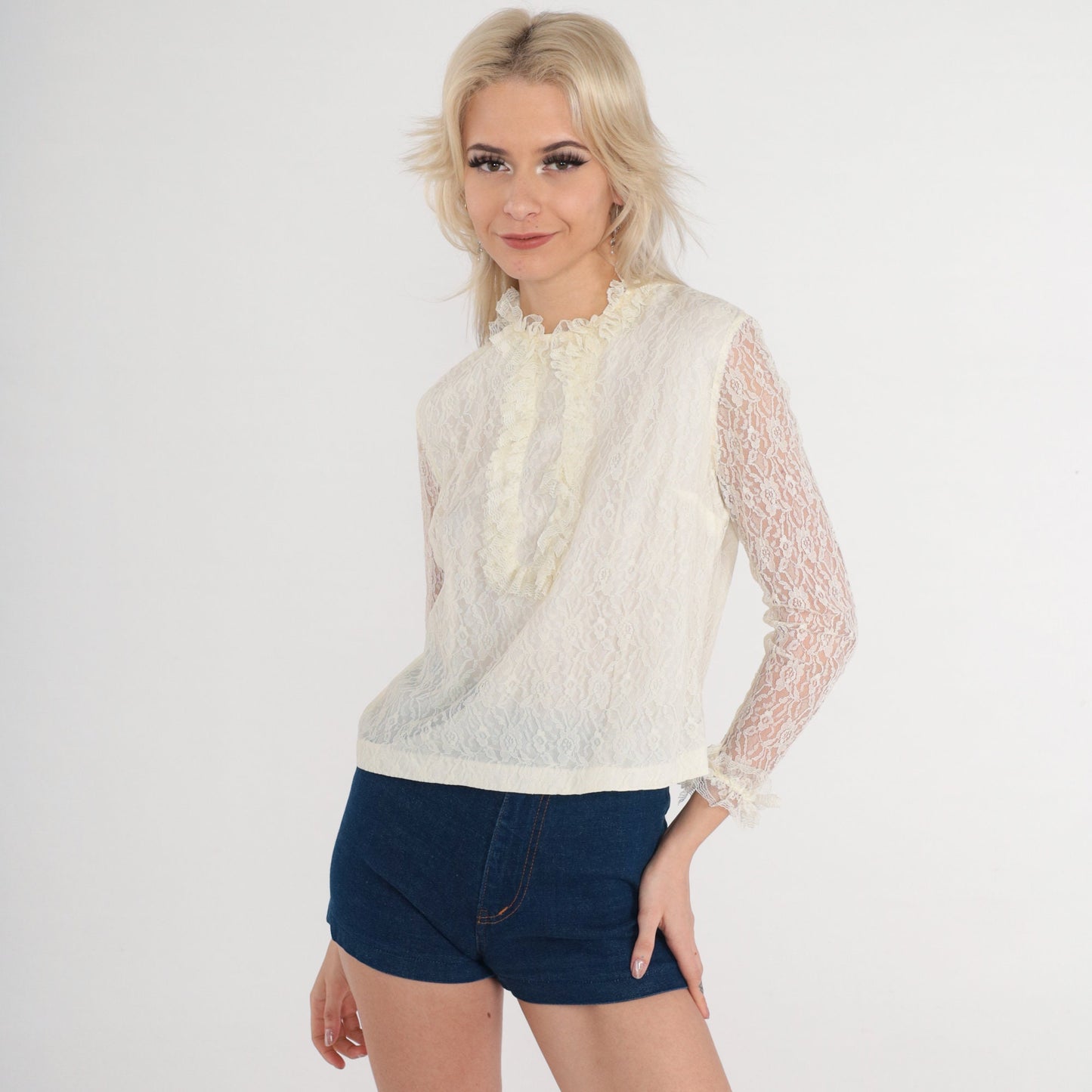 70s White Lace Blouse Floral High Neck Ruffled Long Sleeve Extra Small